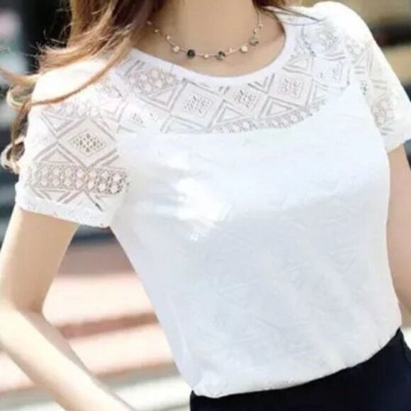 Chiffon & Lace Short Sleeve Blouse White Size M - Picture 2 of 7